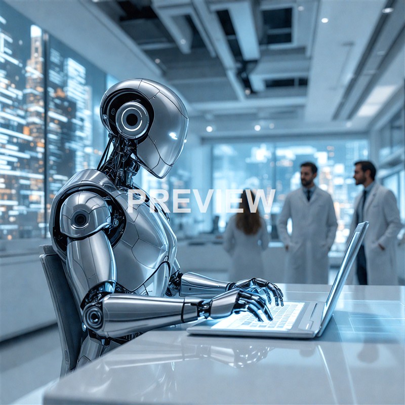 A humanoid robot with a sleek metallic body is sitting at a desk, working on a laptop in a modern, high-tech office with three scientists or doctors in white coats conversing in the background.